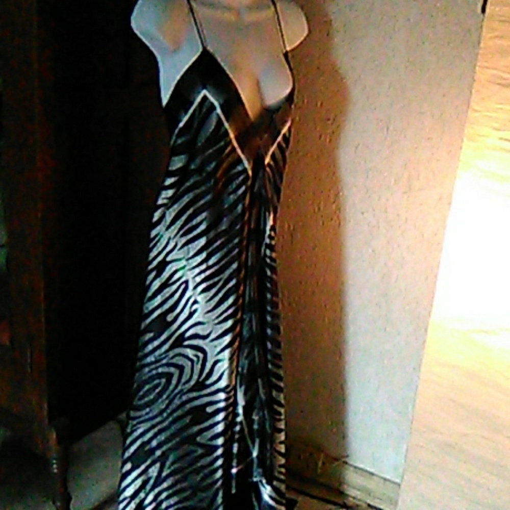 Unique cut black and silver pattern satin dress